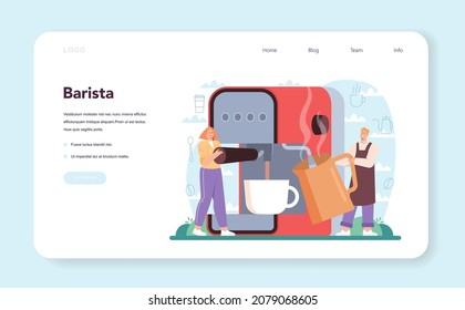 Coffee web banner or landing page. Barista making a cup of hot coffee in coffee machine. Energetic tasty beverage for breakfast with milk. Cuppuccino to go cup. Flat vector illustration