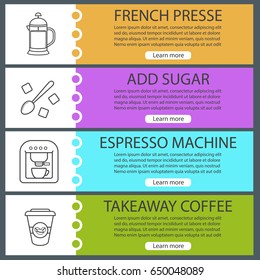 Coffee web banner templates set. French press, sugar with teaspoon, espresso machine, takeaway paper cup. Website color menu items with linear icons. Vector headers design concepts