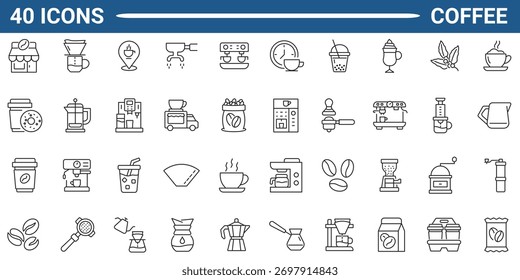 Coffee Web Icon Set in Line or outline Style. Icon For Web and Mobile App. Linear icon collection. Editable stroke. Vector illustration.