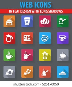 Coffee web icons in flat design with long shadows