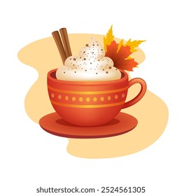 Coffee with whipped cream. A cup of coffee with cinnamon. Vector clipart isolated on white background.