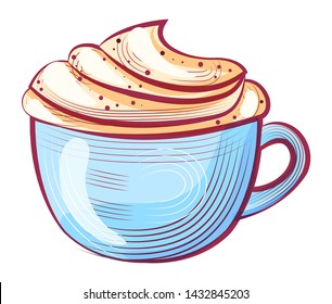 Coffee with whipped cream in cup with handle, cappuccino in pot, drawing caffeine or aroma drink. Sketch of hot beverage in flat design style, tasty vector