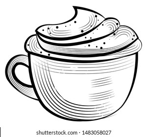 Coffee with whipped cream in cup with handle vector isolated monochrome icon. Vector cappuccino in pot, drawing caffeine or aroma drink, sketch of hot beverage