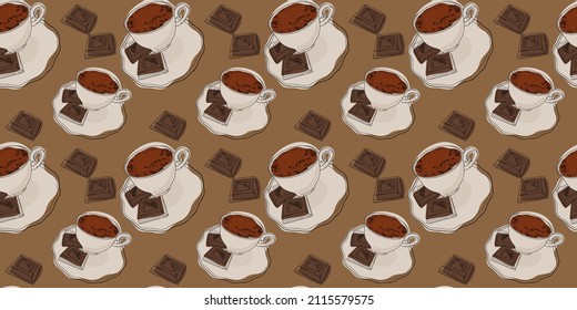 Coffee in a white cup and chocolate, seamless pattern. Hand drawn or doodle style. Flat vector illustration