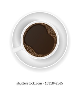 Coffee in a white cup isolated on white background, top view. Vector illustration.