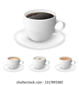 Coffee in white cup - isolated set of hot black coffee, latte art, cappuccino with chocolate sprinkle and milk tea on white background. Different colors of morning beverage - vector illustration.