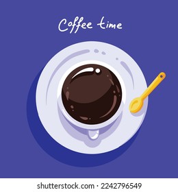 Coffee in white cup mug with top view flat lay vector illustration isolated on plain blue background. Monday best drink drawing with cartoon flat simple art style.