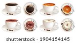 Coffee in a white cup with a saucer and coffee beans isolated on white background. Collection of four cups of coffee of different varieties top and side view. Vector illustration
