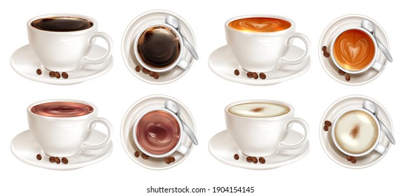 Coffee in a white cup with a saucer and coffee beans isolated on white background. Collection of four cups of coffee of different varieties top and side view. Vector illustration
