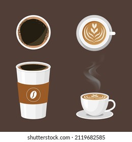 Coffee in white cups with hot steam. Front and top view. Take away. Latte, cappuccino, americano, espresso, mocha, cocoa. Vector illustration isolated.
