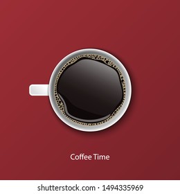 Coffee in white cups view from the top on red background, vector illustration