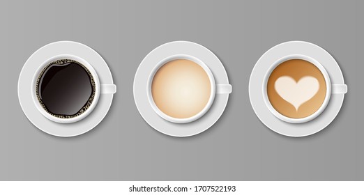 Coffee in white cups view from the top, set of coffee, vector illustration
