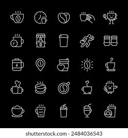 Coffee, white line icons. Coffee to go, coffeehouse symbols. cafe and lifestyle themes. Symbols on black background. Editable stroke.