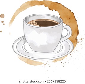 Coffee in white mug. A cup of coffee watercolor illustration with coffee stain isolated on white background. Good for cafe menu, banner, postcard and label.