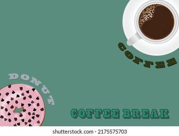 Coffee in white mug and Donut strawberries with chocolate chips topping in green background