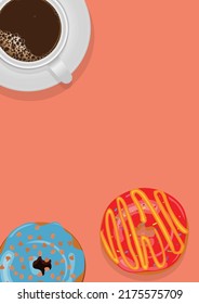 Coffee in white mug and Two Donuts Berries and blue glazed