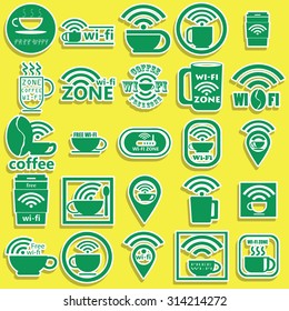 Coffee  and wi fi zone sticker on yellow background in vector style.