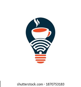 Diseño del logotipo del concepto de la bombilla WiFi de café. Coffee cup con el logotipo del icono del vector WiFi