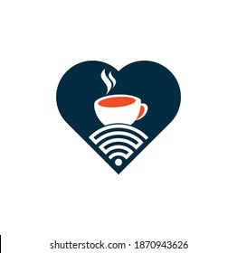 Coffee WiFi heart shape concept logo design. Coffee cup with WiFi vector icon logo