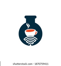 Coffee WiFi lab shape concept logo design. Coffee cup with WiFi vector icon logo