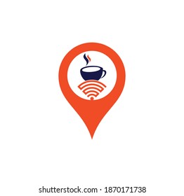 Diseño del logotipo del concepto del pin de forma del mapa WiFi de café. Coffee cup con el logotipo del icono del vector WiFi
