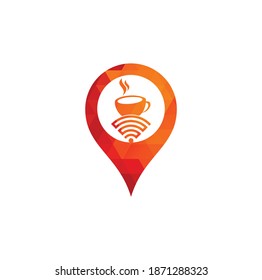 Coffee WiFi map pin shape concept logo design. Coffee cup with WiFi vector icon logo