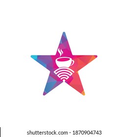 Coffee WiFi star shape concept logo design. Coffee cup with WiFi vector icon logo