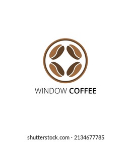 Coffee window logo template design. This logo was created by combining a coffee bean and window design. This logo is very suitable to be the identity of a brand or business and service