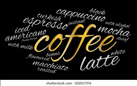 Coffee word cloud on black background. Drink concept.