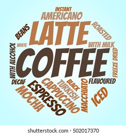 Coffee word cloud on gradient blue background. Drink concept.