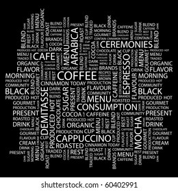 COFFEE. Word collage on black background. Illustration with different association terms.