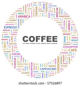 COFFEE. Word collage on white background. Illustration with different association terms.
