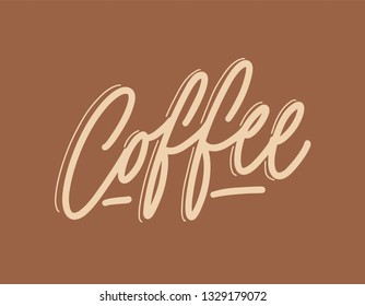 Coffee word handwritten with elegant cursive calligraphic font or script. Stylish decorative hand lettering, text or inscription. Trendy vector illustration for t-shirt, apparel or sweatshirt print.