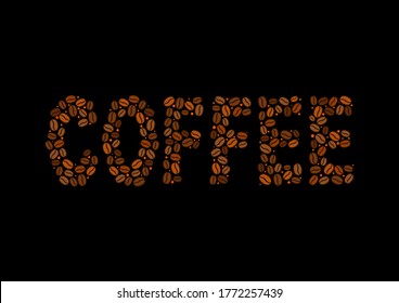 Coffee word made from coffee beans. Hand-drawn grains. Dark brown logo. Vector illustration for menu, cafe, restaurant.