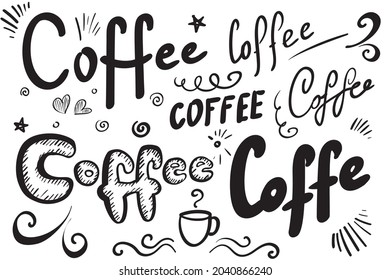 Coffee word set. Hand drawn coffee lettering, print, typography quote, handwritten vector design