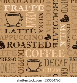 Coffee words and icons. Repeating tileable vector illustration that repeats left, right, up and down
