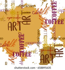 Coffee words seamless background.
