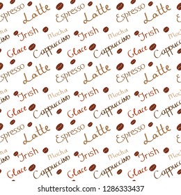 Coffee words seamless background with coffee beans . Vector illustrattion