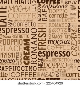 Coffee words, tags. Seamless pattern on the beige background