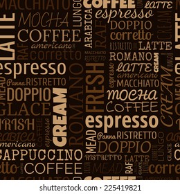 Coffee words, tags. Seamless pattern on the brown background