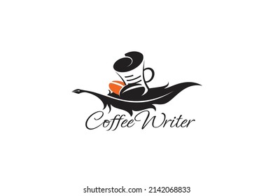 coffee writer logo with a combination of coffee beans, cup, paper and feather pen.