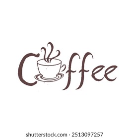 coffee writing and hot steaming cup without background