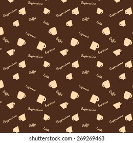 Coffee xups and names Seamless background pattern.