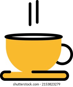 Coffee in yellow mug, illustration, vector on a white background.