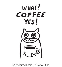 ¿Qué? Café. ¡Sí! Gato con taza de café. Dibujado a mano ilustración. Esquema aislado icono sobre fondo blanco. 