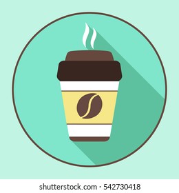 Coffee for you, sticker in the window, vector logo, web icon, button, label, sign, pictograph. Flat colored cup of coffee. Vector vintage illustration
