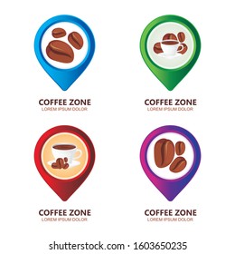 Coffee Zone icon, with Map pointer, coffee bean and coffee cup and vector illustration