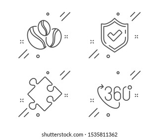 Coffee-berry beans, Confirmed and Strategy line icons set. 360 degree sign. Coffee beans, Accepted message, Puzzle. Virtual reality. Line coffee-berry beans outline icon. Vector