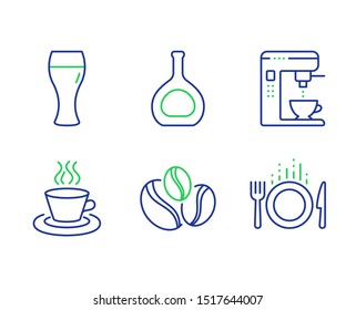 Coffee-berry beans, Tea cup and Beer glass line icons set. Cognac bottle, Coffee maker and Food signs. Coffee beans, Brewery beverage, Brandy alcohol. Tea machine. Food and drink set. Vector