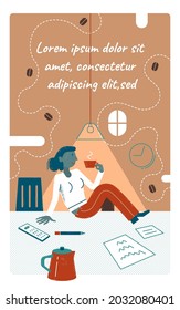 Coffee-brake, woman with cup in office, lunch time, vertical web banner with custom text